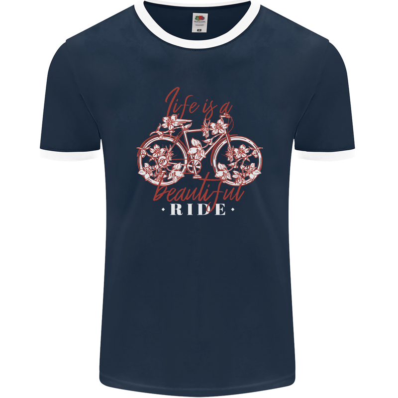 Life is a Beautiful Ride Cycling Bicycle Mens Ringer T-Shirt FotL Navy Blue/White