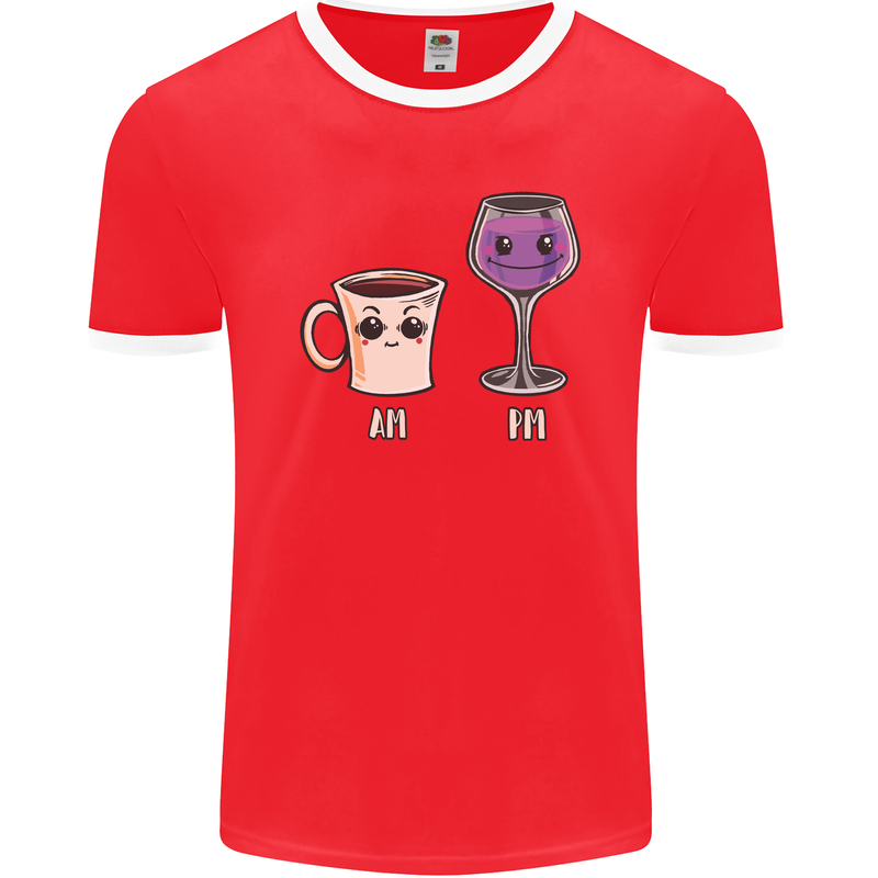 Coffee am Wine pm Funny Alcohol Prosecco Mens Ringer T-Shirt FotL Red/White