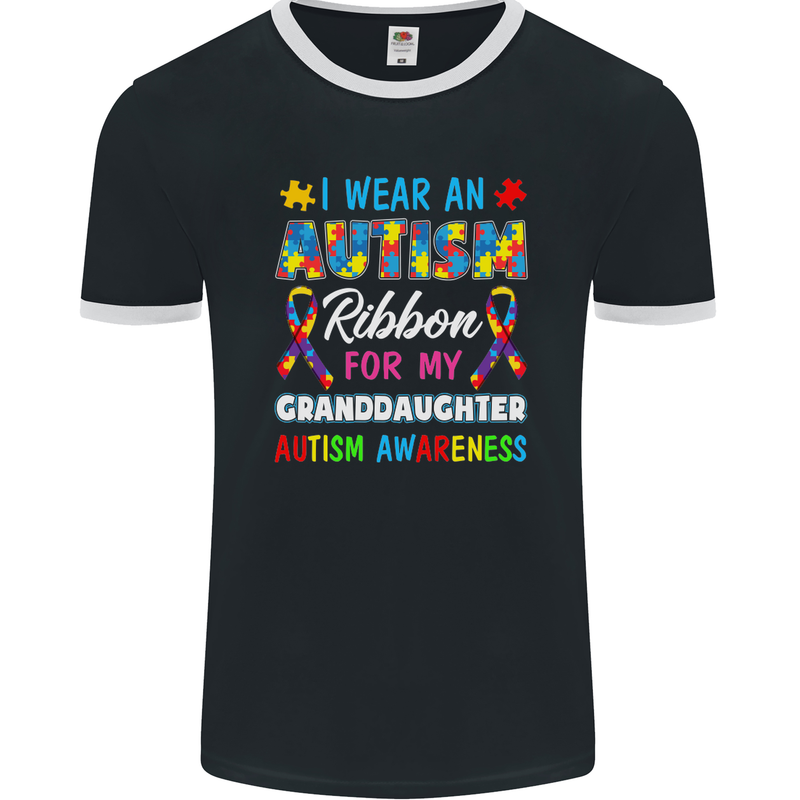 Autism Ribbon For My Granddaughter Autistic Mens Ringer T-Shirt FotL Black/White