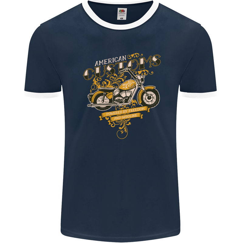 Biker American Customs Motorcycle Chopper Mens Ringer T-Shirt FotL Navy Blue/White