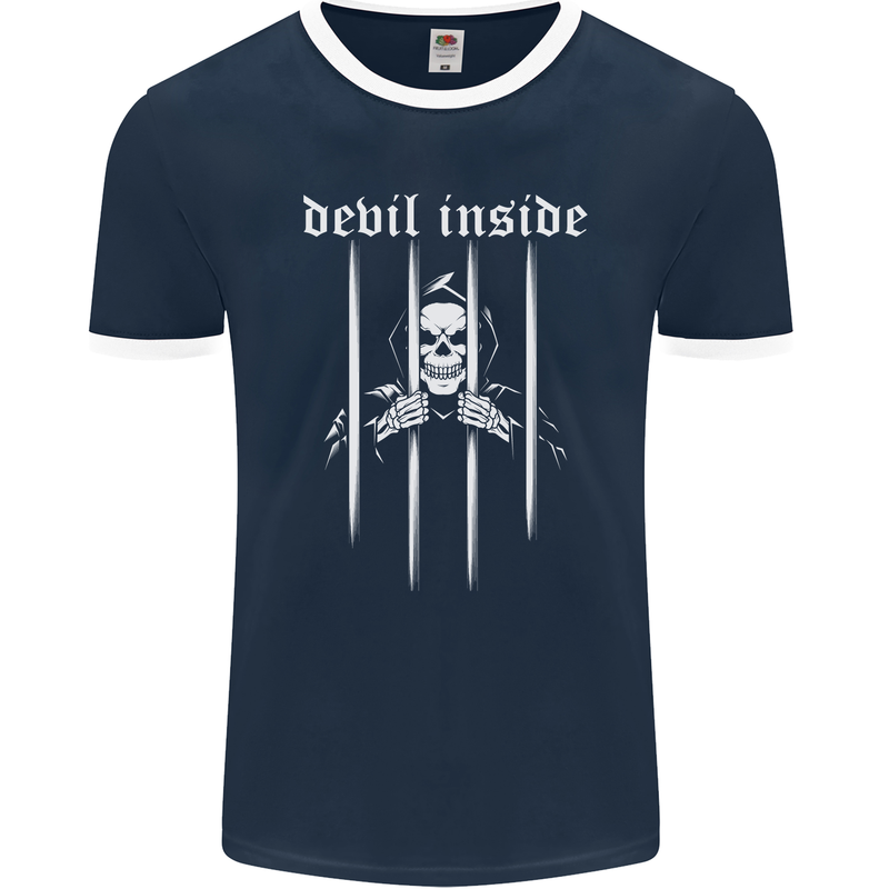 Devil Inside Grim Reaper Satan Skull Gothic Mens Ringer T-Shirt FotL Navy Blue/White