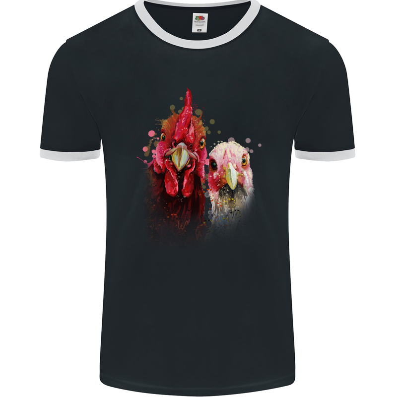 Two Colourful Chickens Watercolour Mens Ringer T-Shirt FotL Black/White