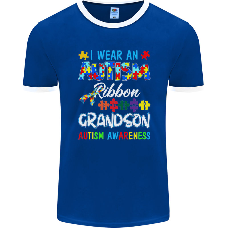 Autism Ribbon For My Grandson Autistic ASD Mens Ringer T-Shirt FotL Royal Blue/White