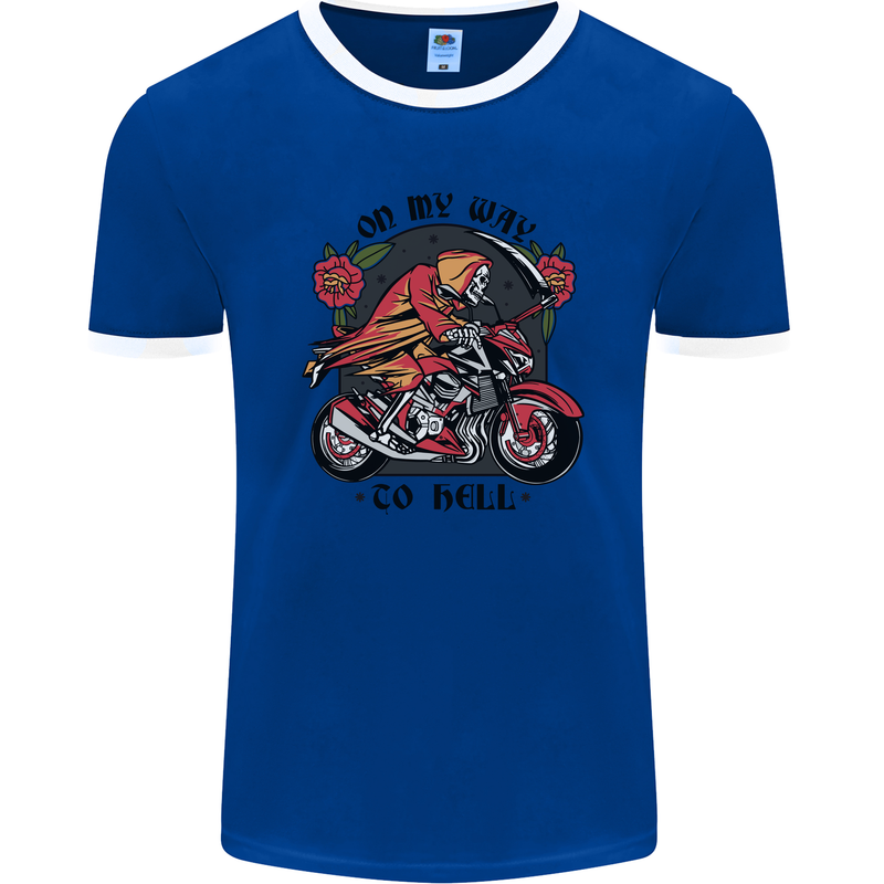 Biker On My Way to Hell Motorbike Skull Mens Ringer T-Shirt FotL Royal Blue/White