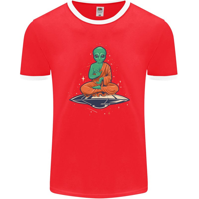 Meditating Alien UFO Yoga Mens Ringer T-Shirt FotL Red/White