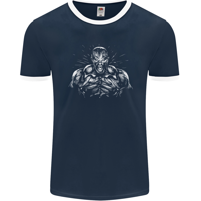 Bodybuilder Gym Training Top Bodybuilding Mens Ringer T-Shirt FotL Navy Blue/White