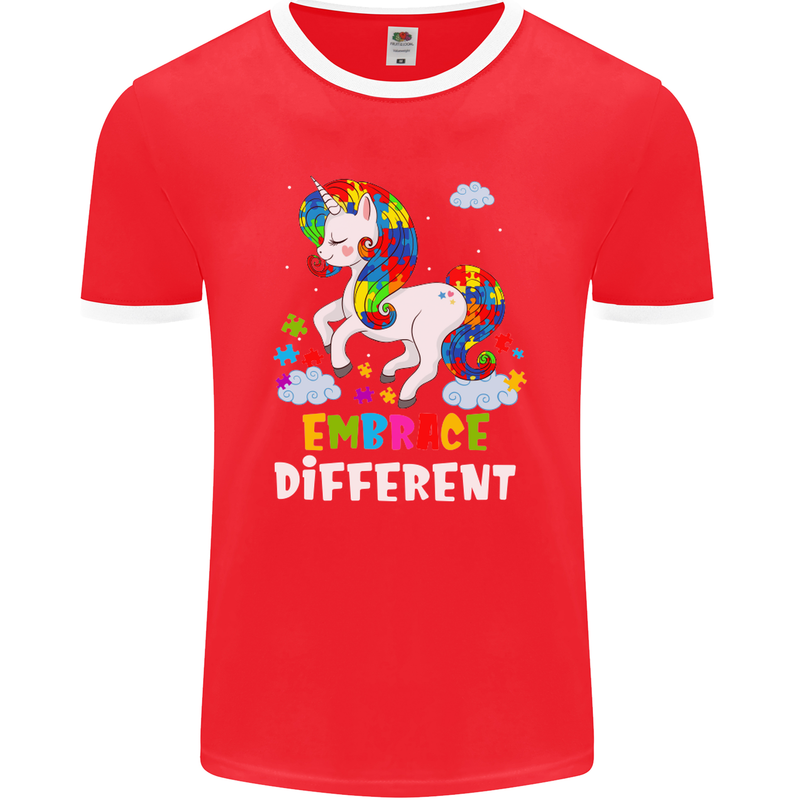 Autism Unicorn Embrace Different Autistic Mens Ringer T-Shirt FotL Red/White