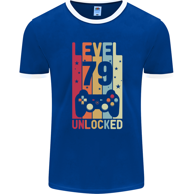79th Birthday 79 Year Old Level Up Gamming Mens Ringer T-Shirt FotL Royal Blue/White