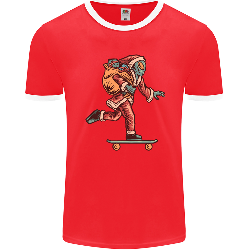 Funny Santa Clause Alien on a Skateboard Mens Ringer T-Shirt FotL Red/White