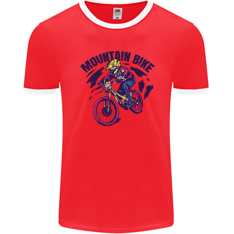 Cycling Mountain Bike Bicycle Cyclist MTB Mens Ringer T-Shirt FotL Red/White