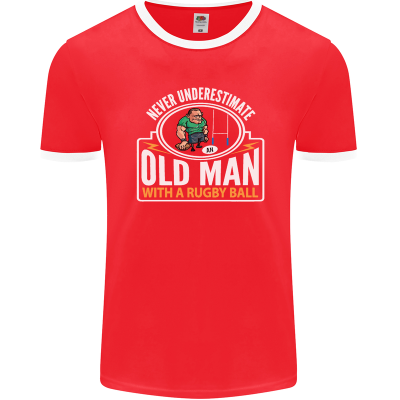 An Old Man With a Rugby Ball Player Funny Mens Ringer T-Shirt FotL Red/White