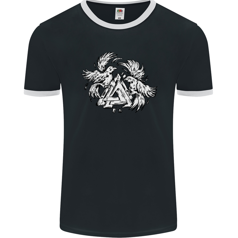 Vikings Valknut Symbol With Ravens Mens Ringer T-Shirt FotL Black/White