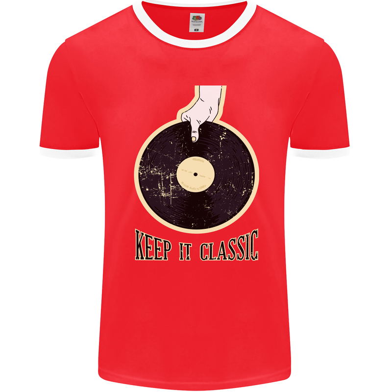 Vinyl Records Keep it Classic DJ Decks Mens Ringer T-Shirt FotL Red/White