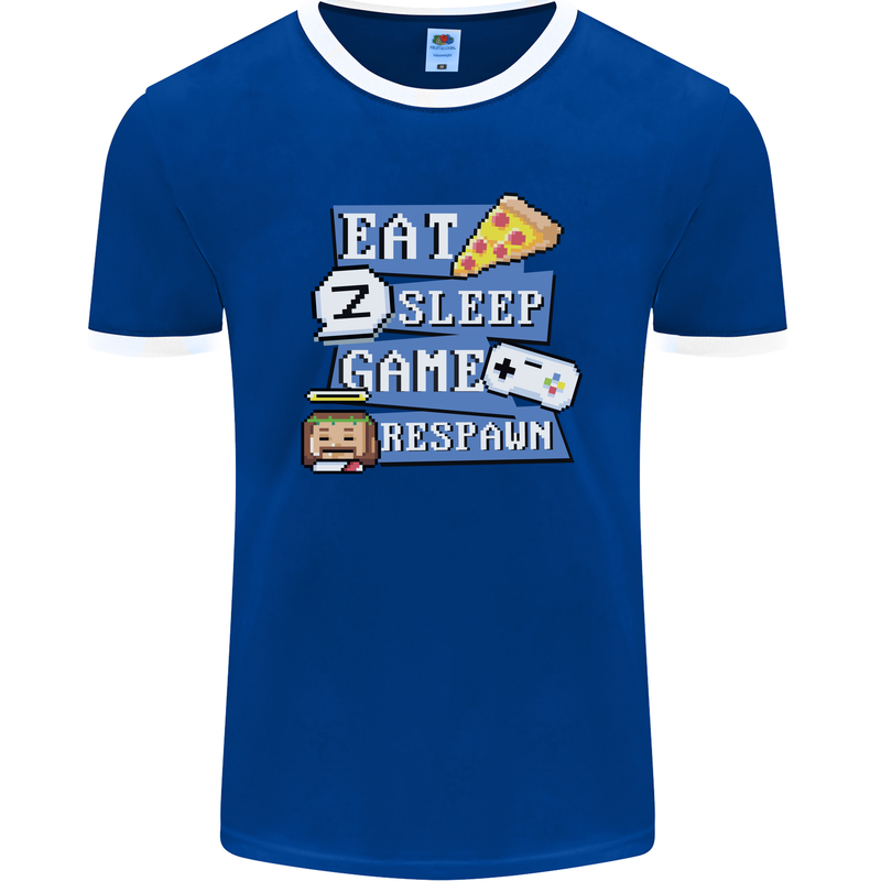 Gaming Eat Sleep Game Respawn Gamer Arcade Mens Ringer T-Shirt FotL Royal Blue/White