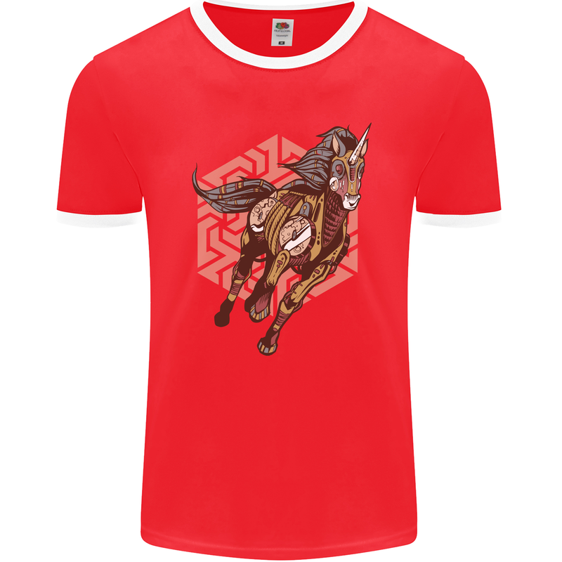 Steampunk Unicorn Mens Ringer T-Shirt FotL Red/White