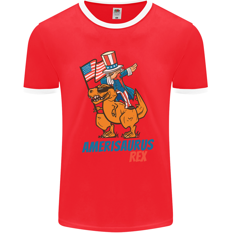 Amerisaurus T-Rex Dabbing Uncle Sam USA Mens Ringer T-Shirt FotL Red/White