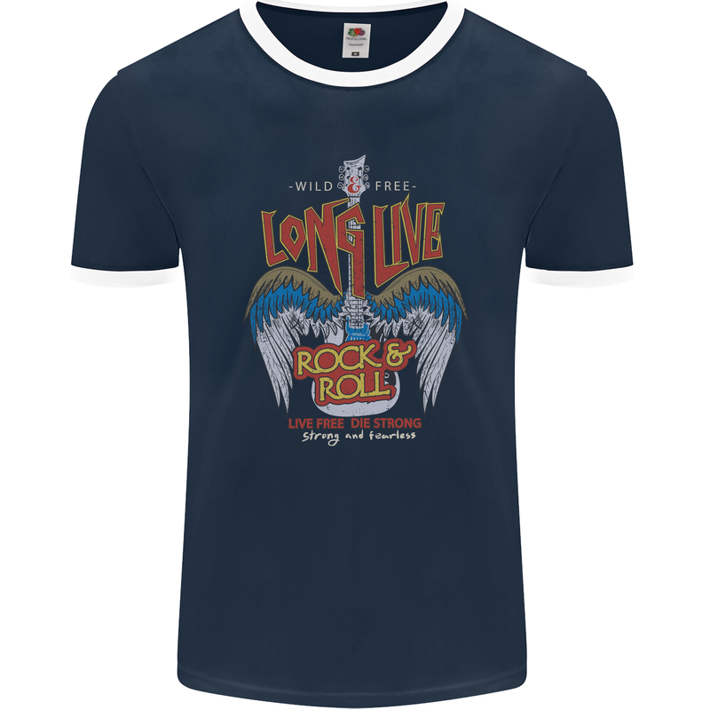 Long Live Rock n Roll Heavy Metal Guitar Mens Ringer T-Shirt FotL Navy Blue/White