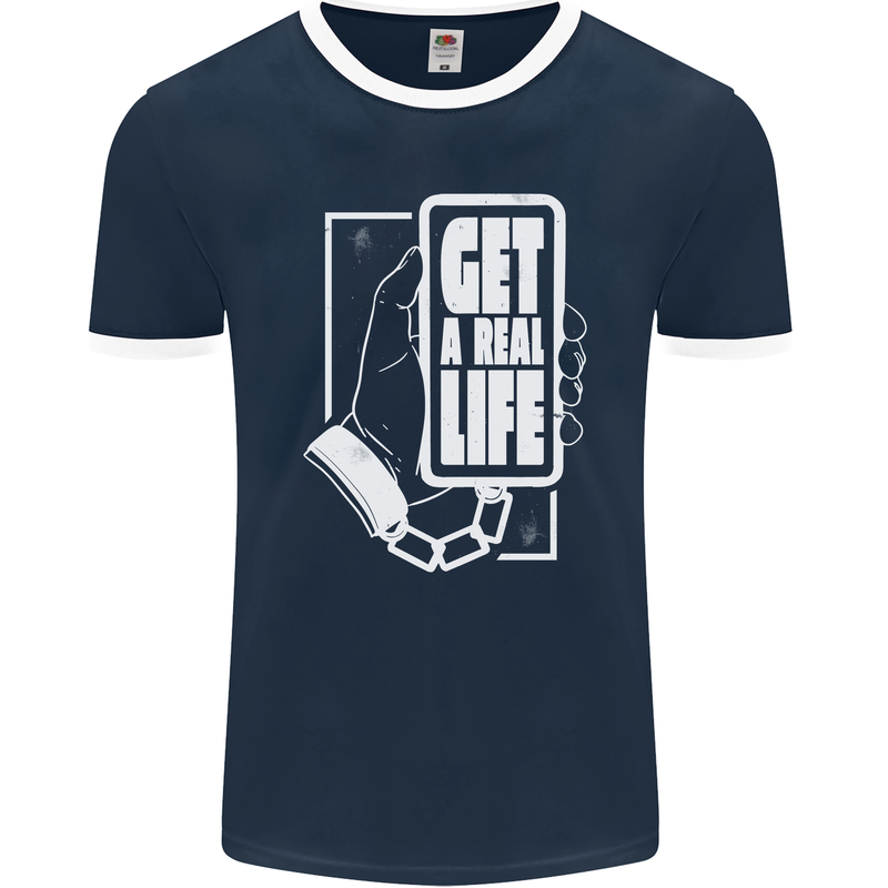 Get a Real Life Antisocial Phone Addict Mens Ringer T-Shirt FotL Navy Blue/White