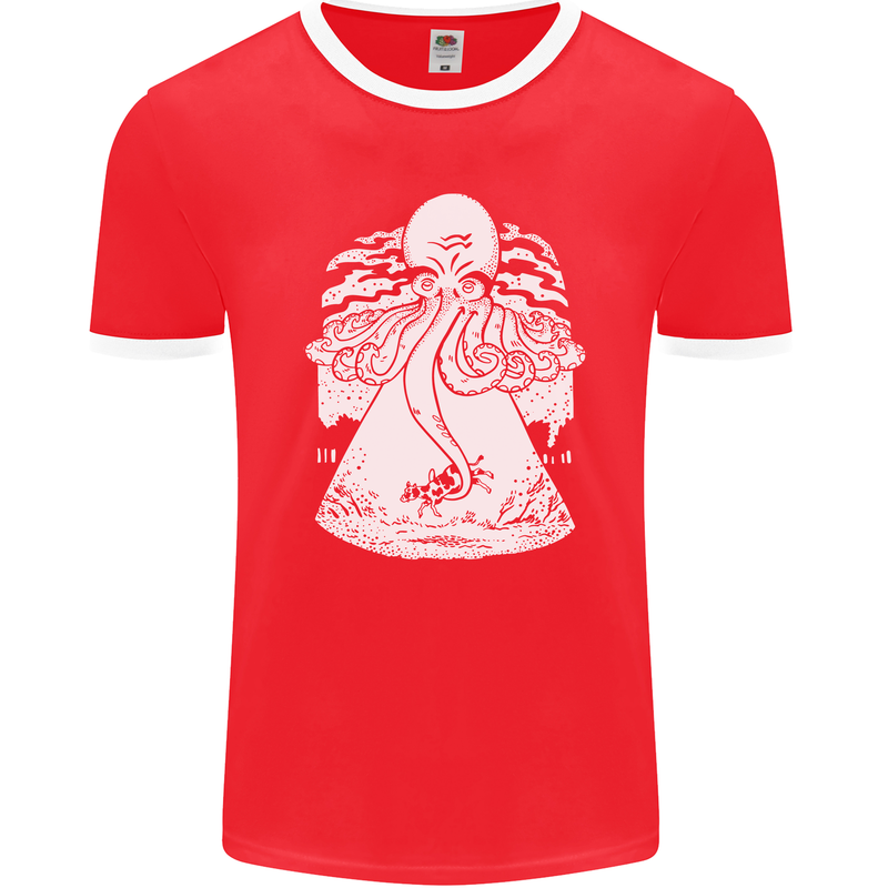 Alien Octopus Kraken Cthulhu Cow UFO Mens Ringer T-Shirt FotL Red/White