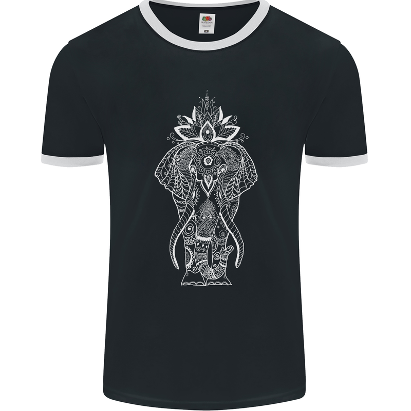 White Mandala Art Elephant Mens Ringer T-Shirt FotL Black/White