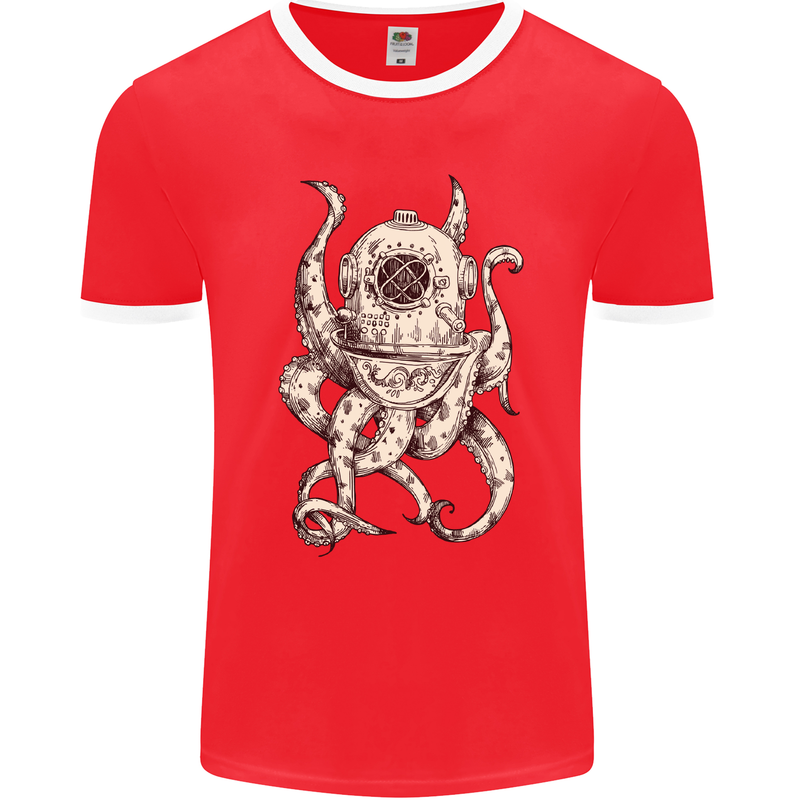 Steampunk Octopus Kraken Cthulhu Mens Ringer T-Shirt FotL Red/White