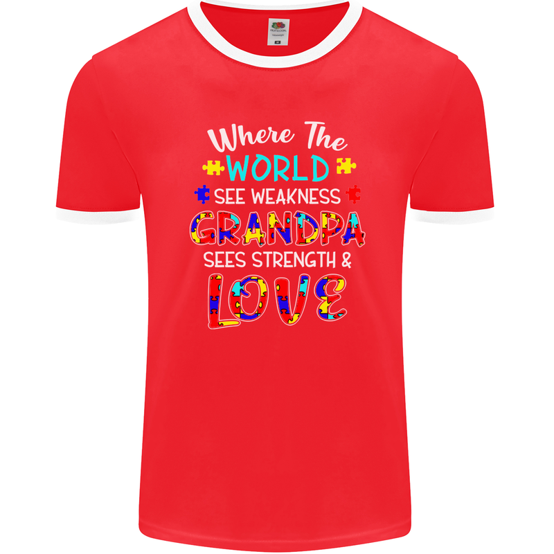Autism Grandpa Sees Love Strength Autistic Mens Ringer T-Shirt FotL Red/White