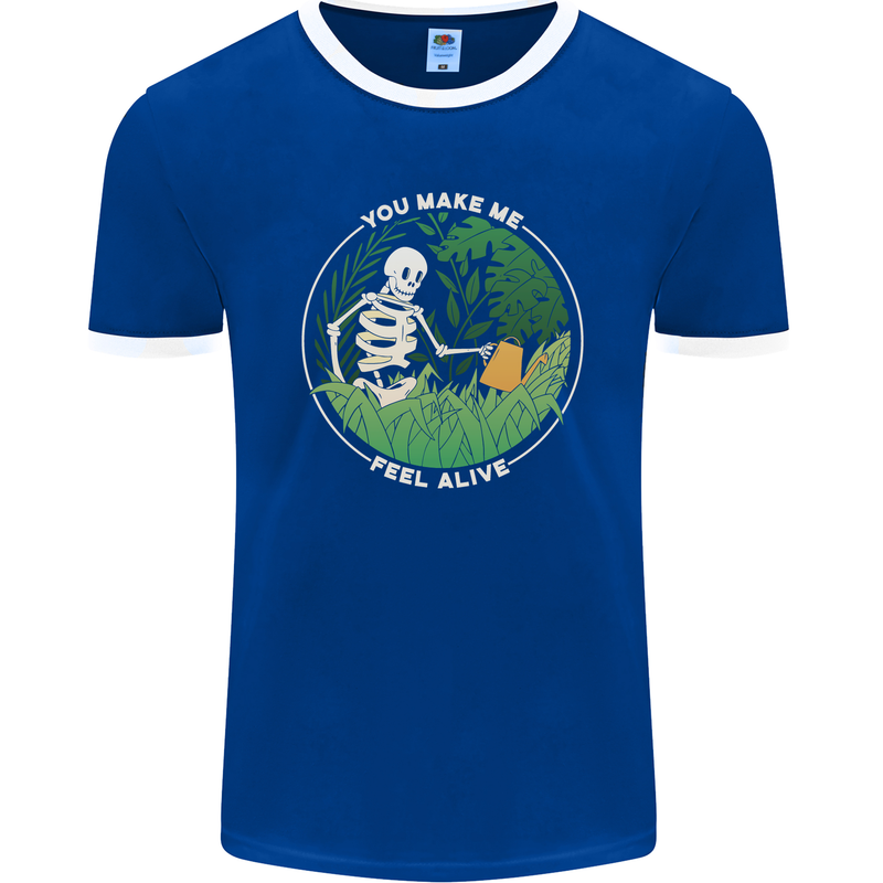 Feel Alive Gardening Gardener Plants Skull Mens Ringer T-Shirt FotL Royal Blue/White