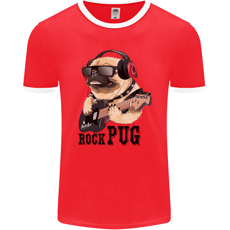 Rock n Roll Pug Funny Guitar Heavy Metal Mens Ringer T-Shirt FotL Red/White