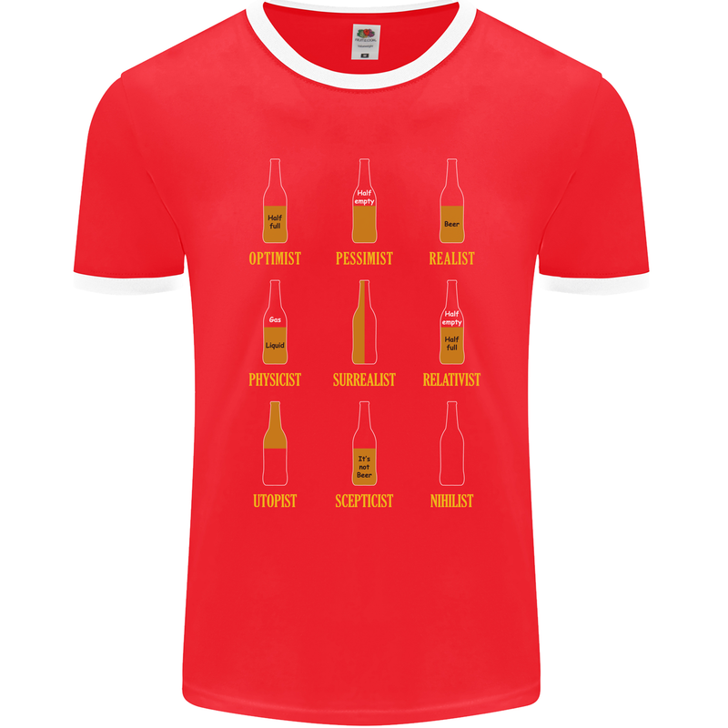 Optimism Pessimism Beer Alcohol Funny Mens Ringer T-Shirt FotL Red/White