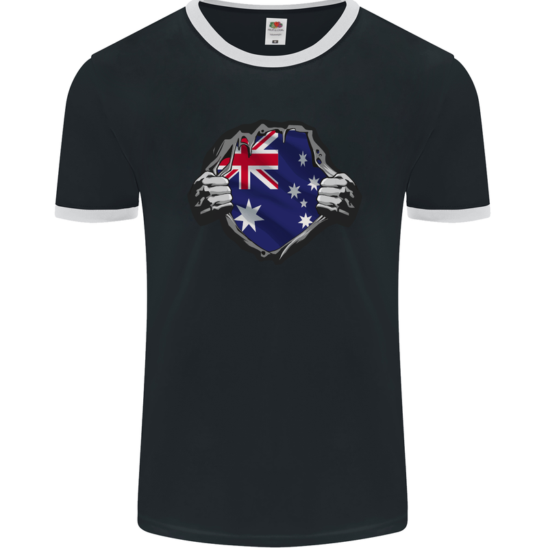 Australian Flag Ripped  Australia Day Gym Mens Ringer T-Shirt FotL Black/White