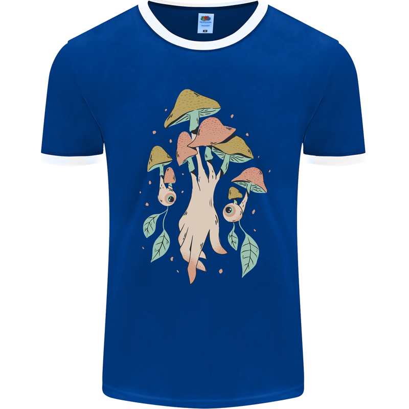 Trippy Magic Mushrooms With Eyes Mens Ringer T-Shirt FotL Royal Blue/White