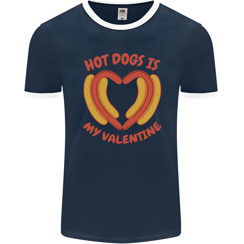 Hot Dog Anti Valentines Day Single Funny Mens Ringer T-Shirt FotL Navy Blue/White