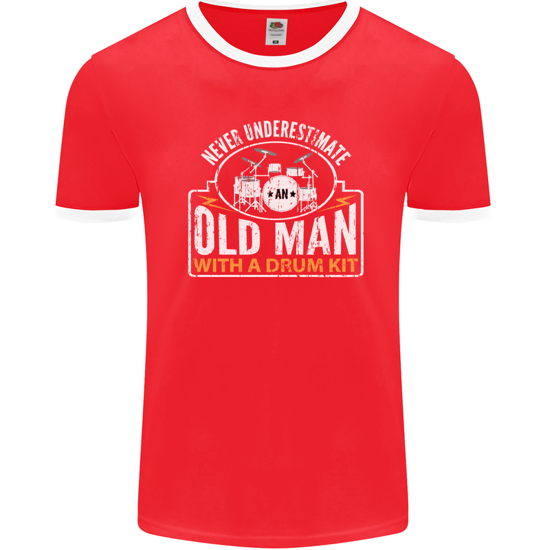 Drumming An Old Man Drummer Drum Funny Mens Ringer T-Shirt FotL Red/White