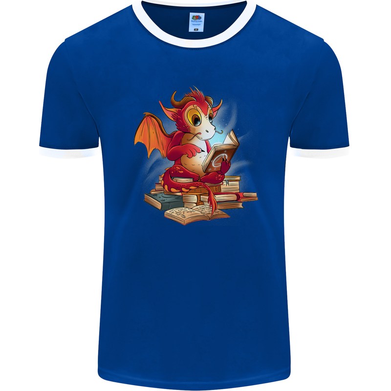 A Book Reading Dragon Bookworm Fantasy Mens Ringer T-Shirt FotL Royal Blue/White