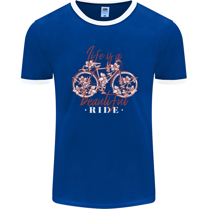 Life is a Beautiful Ride Cycling Bicycle Mens Ringer T-Shirt FotL Royal Blue/White