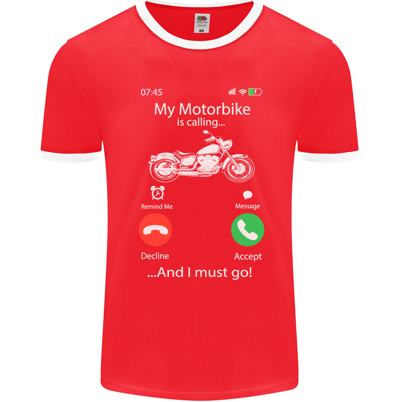 My Motorbike Is Calling Biker Motorcycle Mens Ringer T-Shirt FotL Red/White