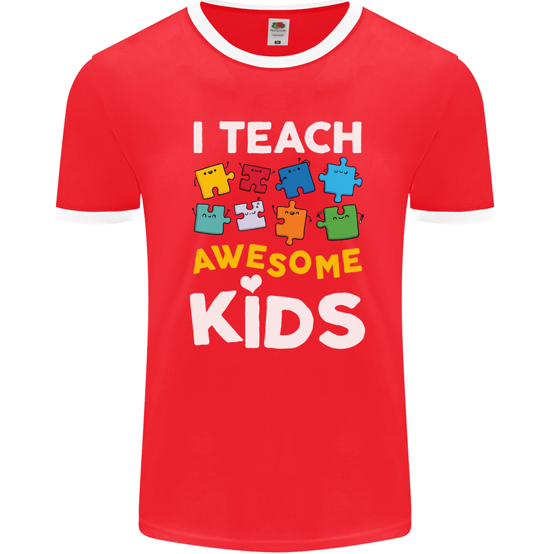 I Teach Awesome Kids Funny Teacher Teaching Mens Ringer T-Shirt FotL Red/White