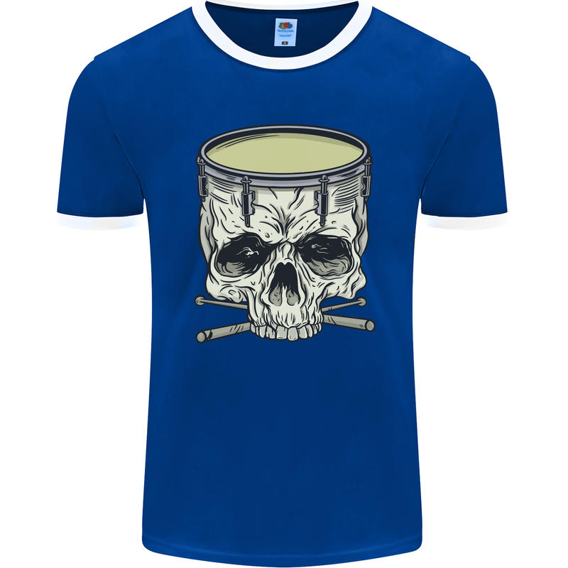 Skull Snare Drum Drummer Drumming Mens Ringer T-Shirt FotL Royal Blue/White