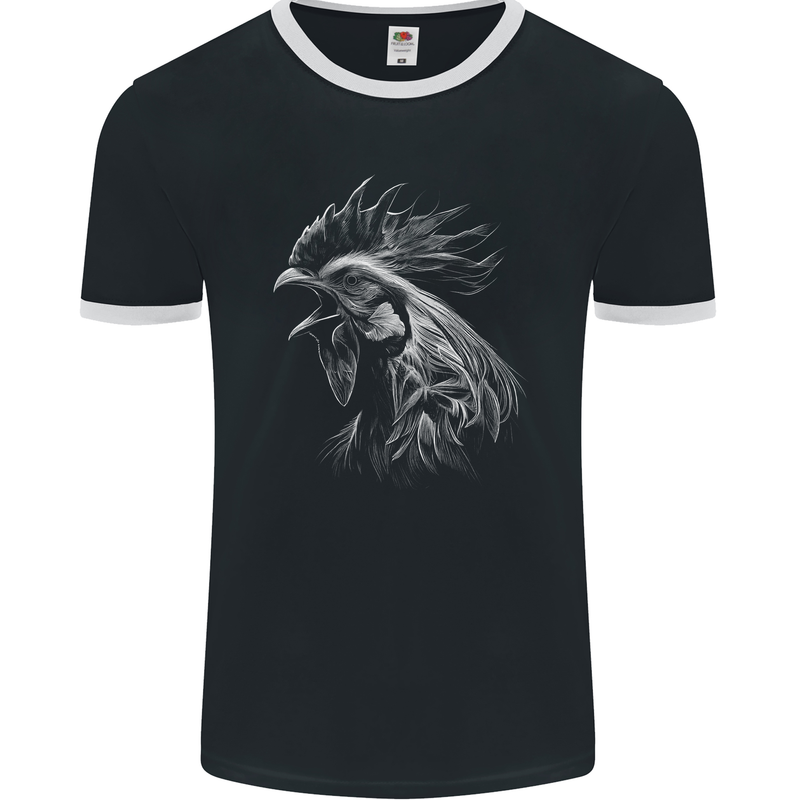 A Monochrome Rooster Farmer Farming Mens Ringer T-Shirt FotL Black/White