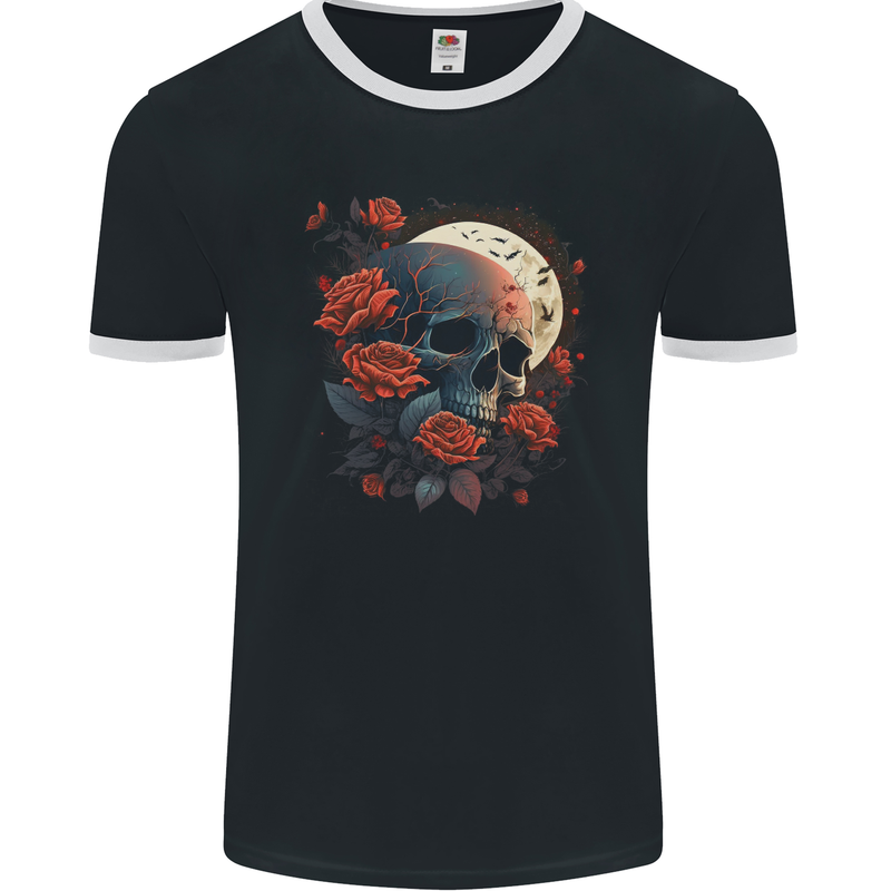 A Dark Fantasy Skull With Roses and Moon Mens Ringer T-Shirt FotL Black/White