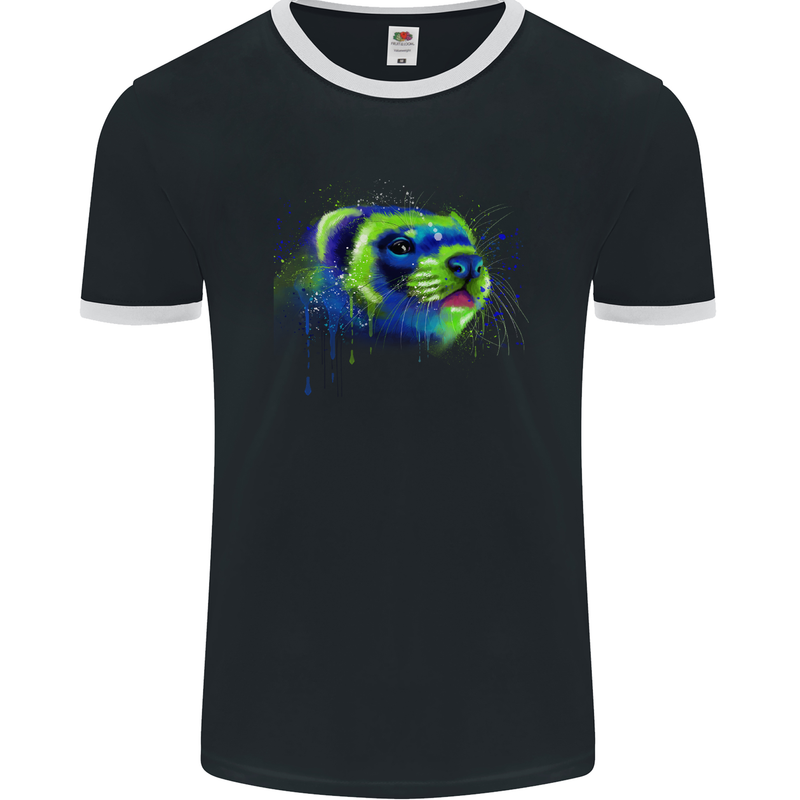 A Ferret Watercolour Mens Ringer T-Shirt FotL Black/White