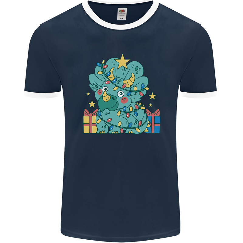 Dinosaur Triceratops Funny Christmas Tree Mens Ringer T-Shirt FotL Navy Blue/White