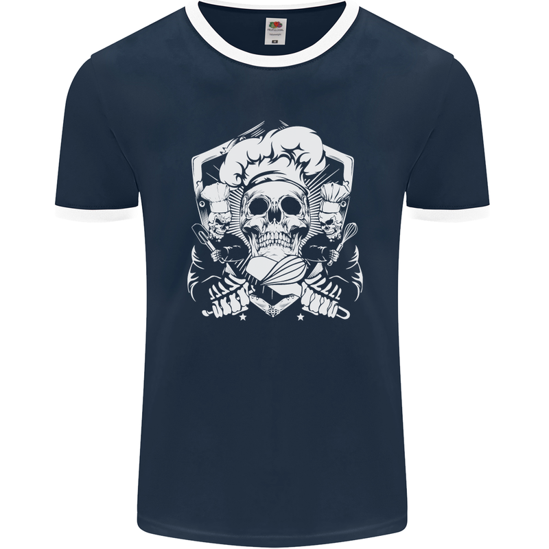 Skull Chef Cooking Cook Baker Baking Mens Ringer T-Shirt FotL Navy Blue/White