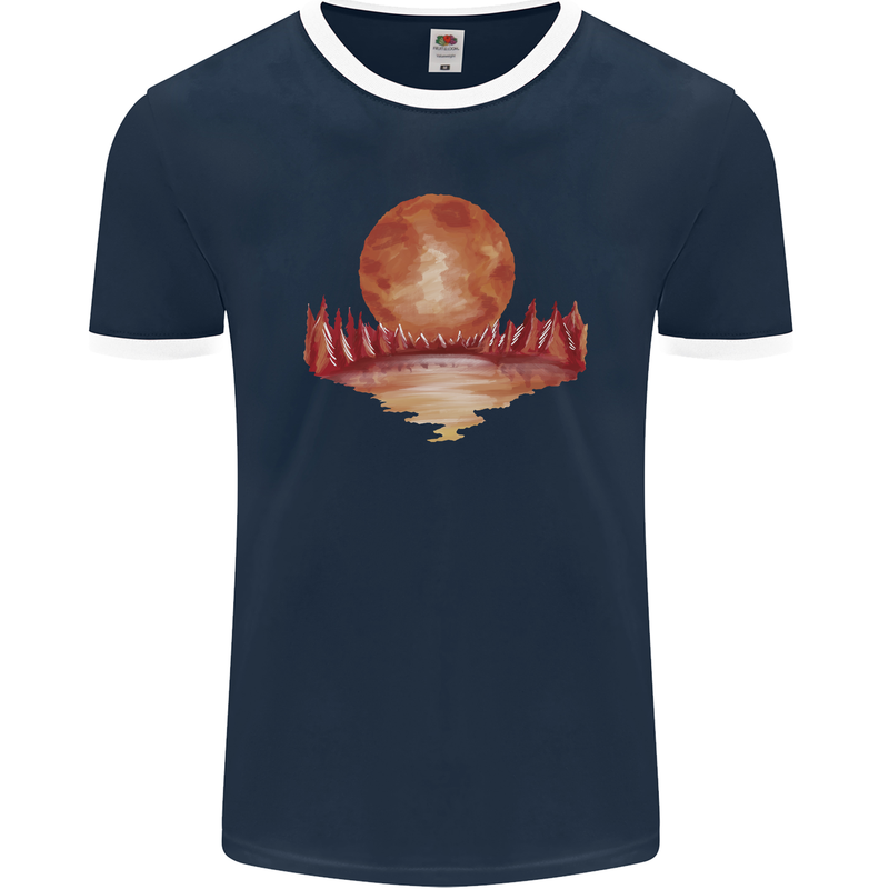Red Moon Lake Universe Cosmos Space Mens Ringer T-Shirt FotL Navy Blue/White