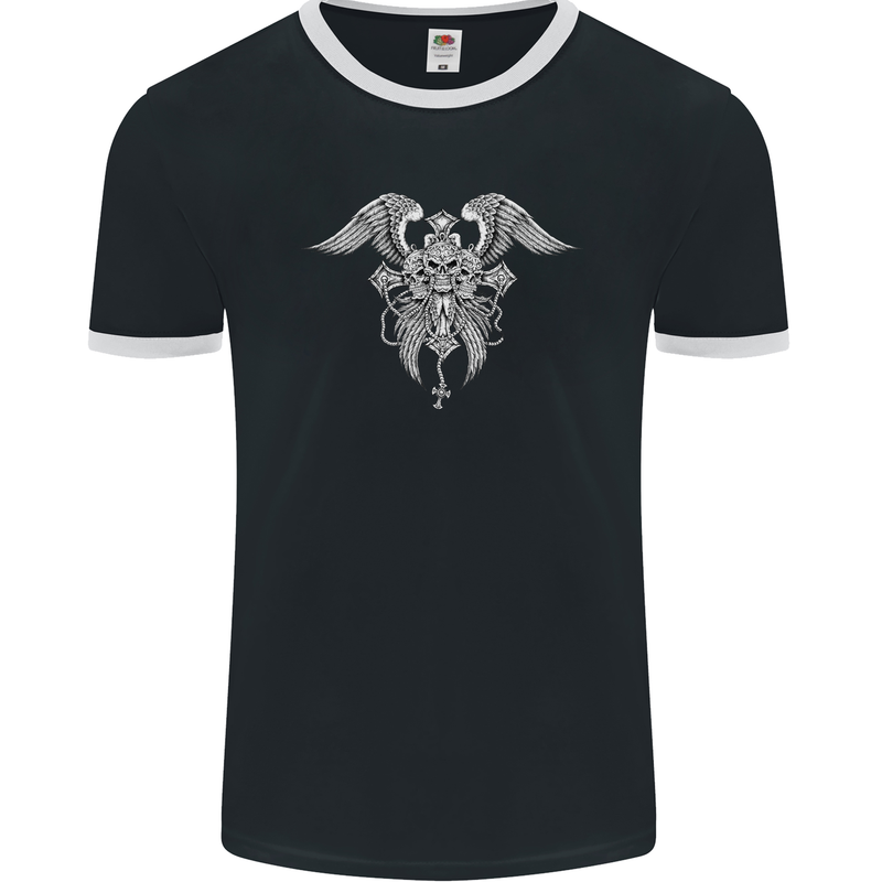 Cross Skull Wings Gothic Biker Heavy Metal Mens Ringer T-Shirt FotL Black/White