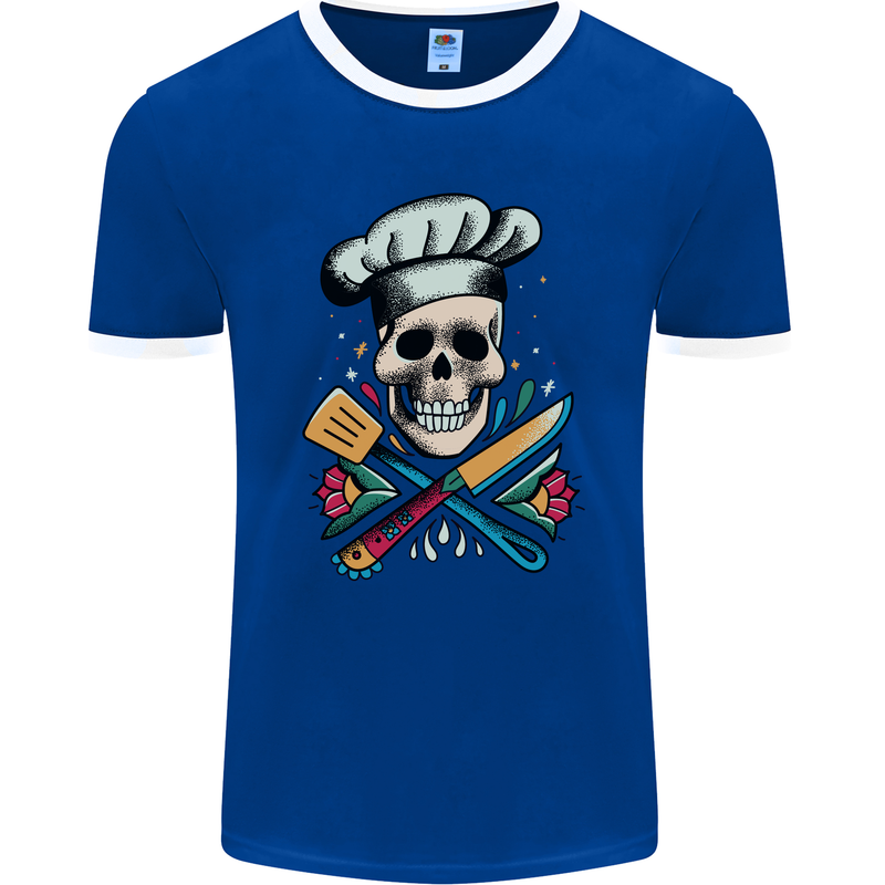 Chef Skull Mens Ringer T-Shirt FotL Royal Blue/White