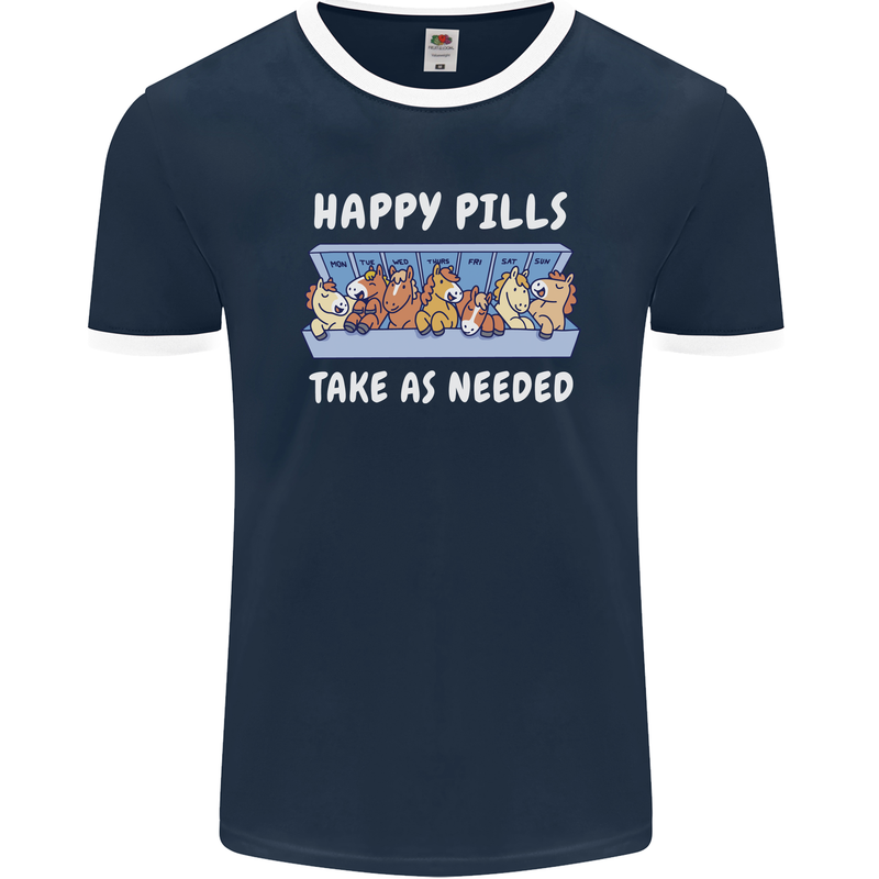 Funny Equestrian Horse Pills Mens Ringer T-Shirt FotL Navy Blue/White