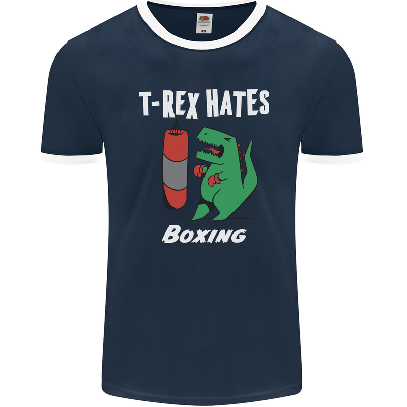 T-Rex Hates Boxing Funny Boxer Sport MMA Mens Ringer T-Shirt FotL Navy Blue/White