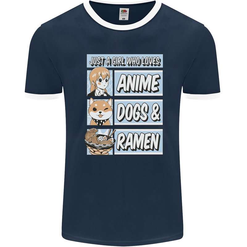 A Girl Who Loves Anime Dogs & Ramen Mens Ringer T-Shirt FotL Navy Blue/White