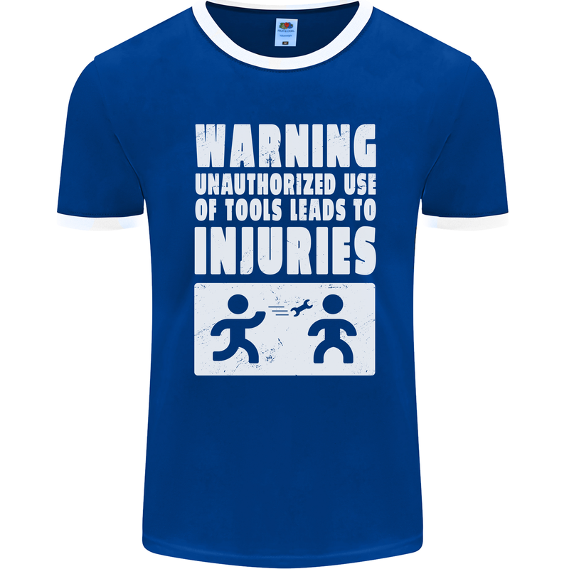 Warning Tools Builder Plumber Electrician Mens Ringer T-Shirt FotL Royal Blue/White